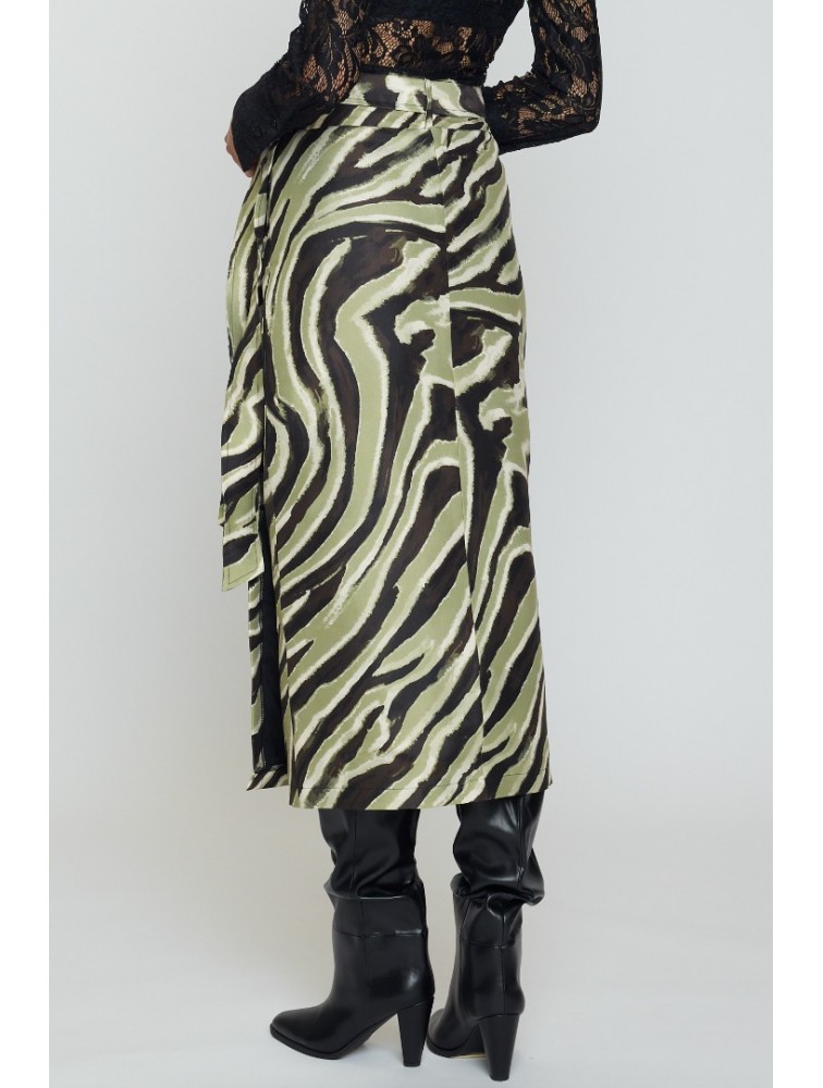 MIX AND MATCH Penelope Midi Skirt Olive Zebra Πράσινη Ζεβρέ Μίντι Φούστα